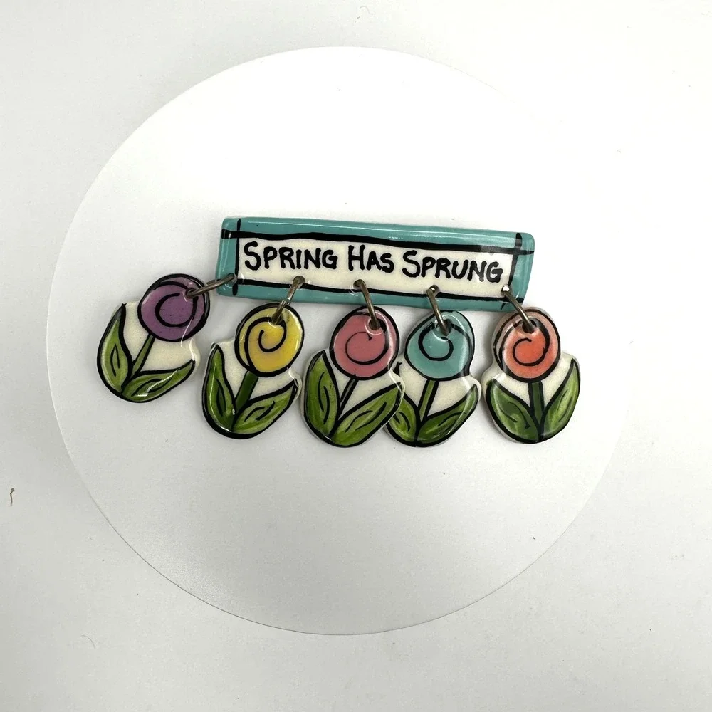Vintage 80s Spring‎ Has Sprung Enamel Brooch Colourful Dangling Flowers Jewelry